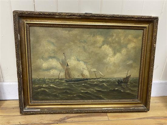 English School c.1900, oil on canvas, Shipping at sea, 32 x 47cm